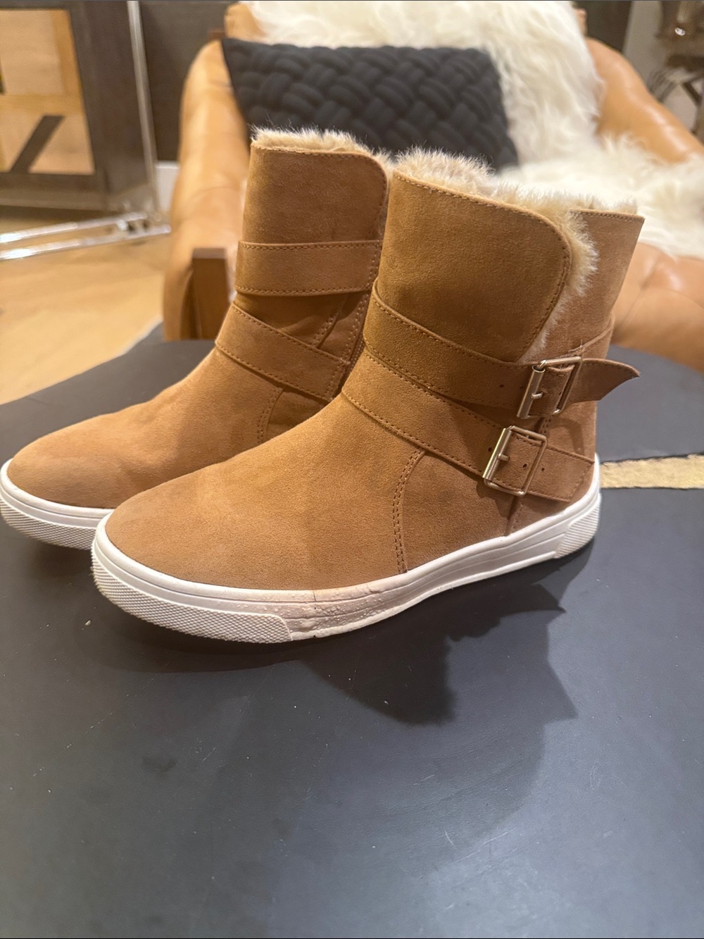 Cat & Jack Tan Faux-Fur Lined Suede Slip-On Ankle Boots